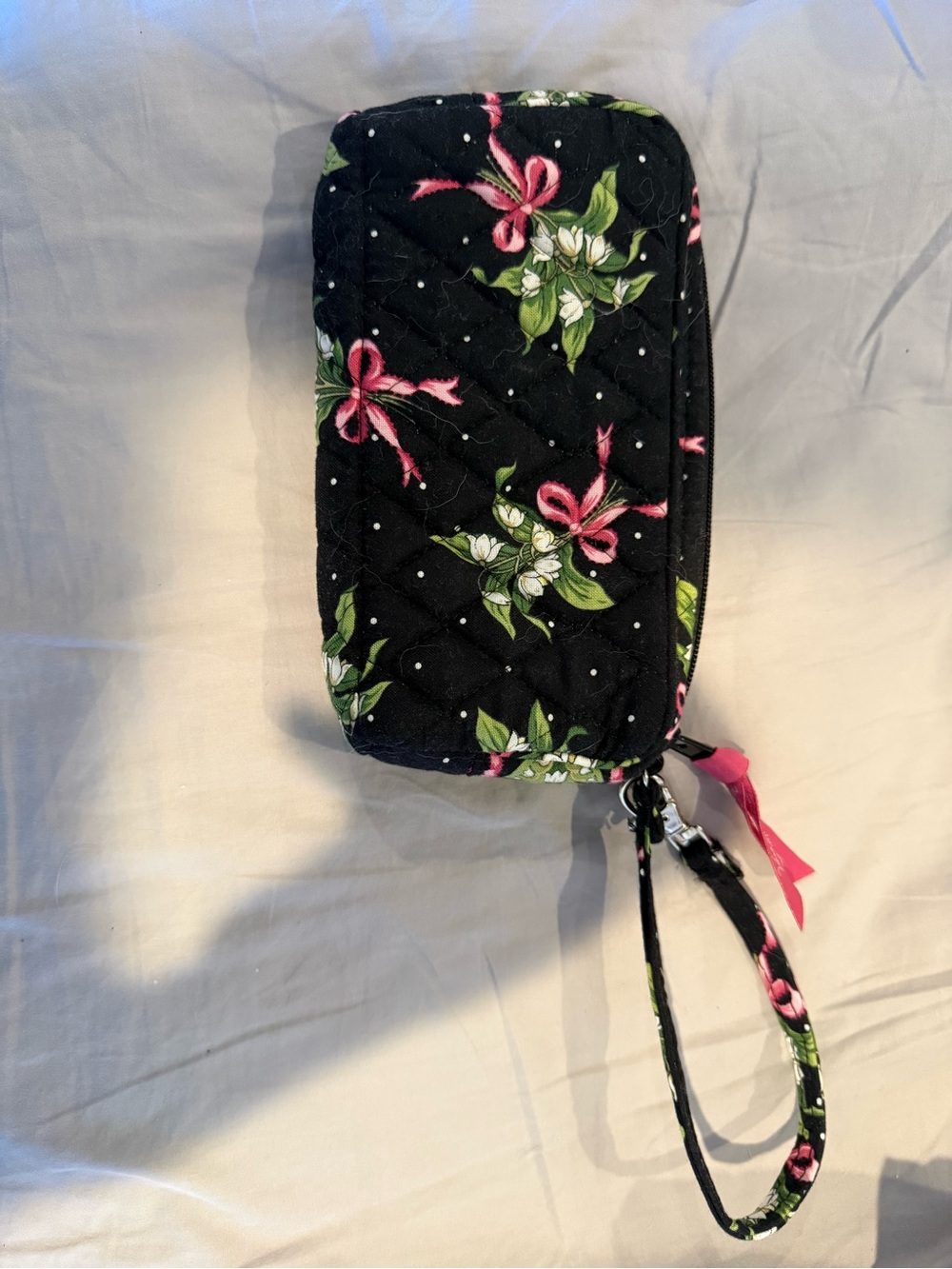 Vera Bradley Black Quilted Wristlet with Pink & Green Floral Print - Picture 2 of 4